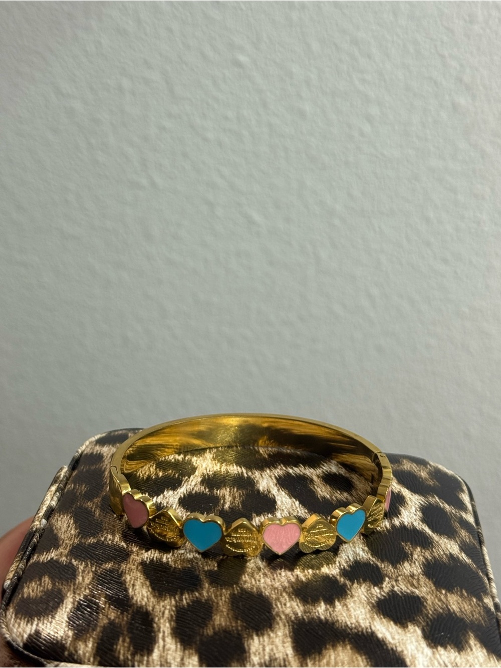 Gold Heart Enamel Bangle Bracelet with Pink & Blue Hearts